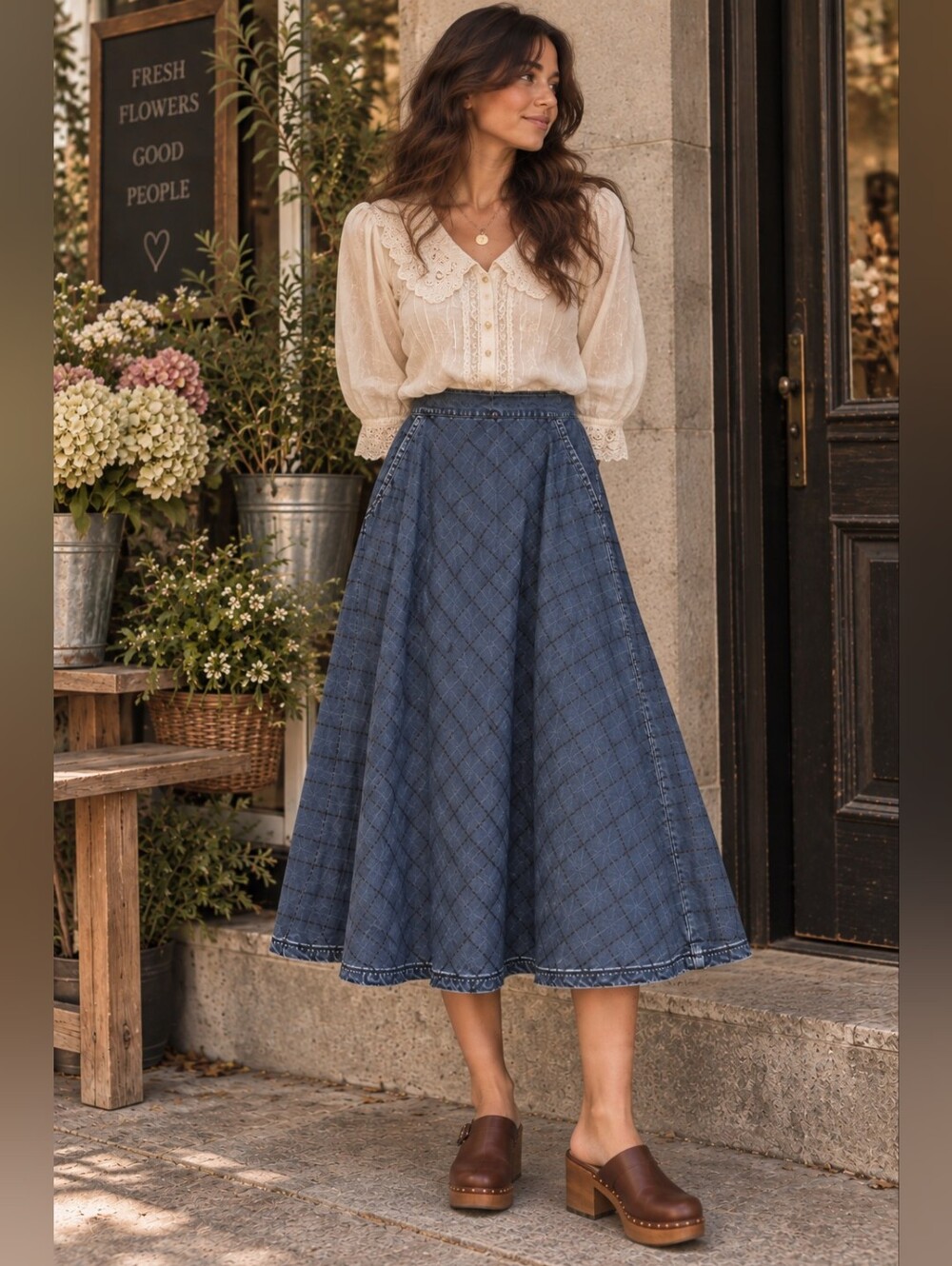 Cottagecore Prairie Quilted Midi Skirt Dark Denim Chambray Pockets 100% Cotton S